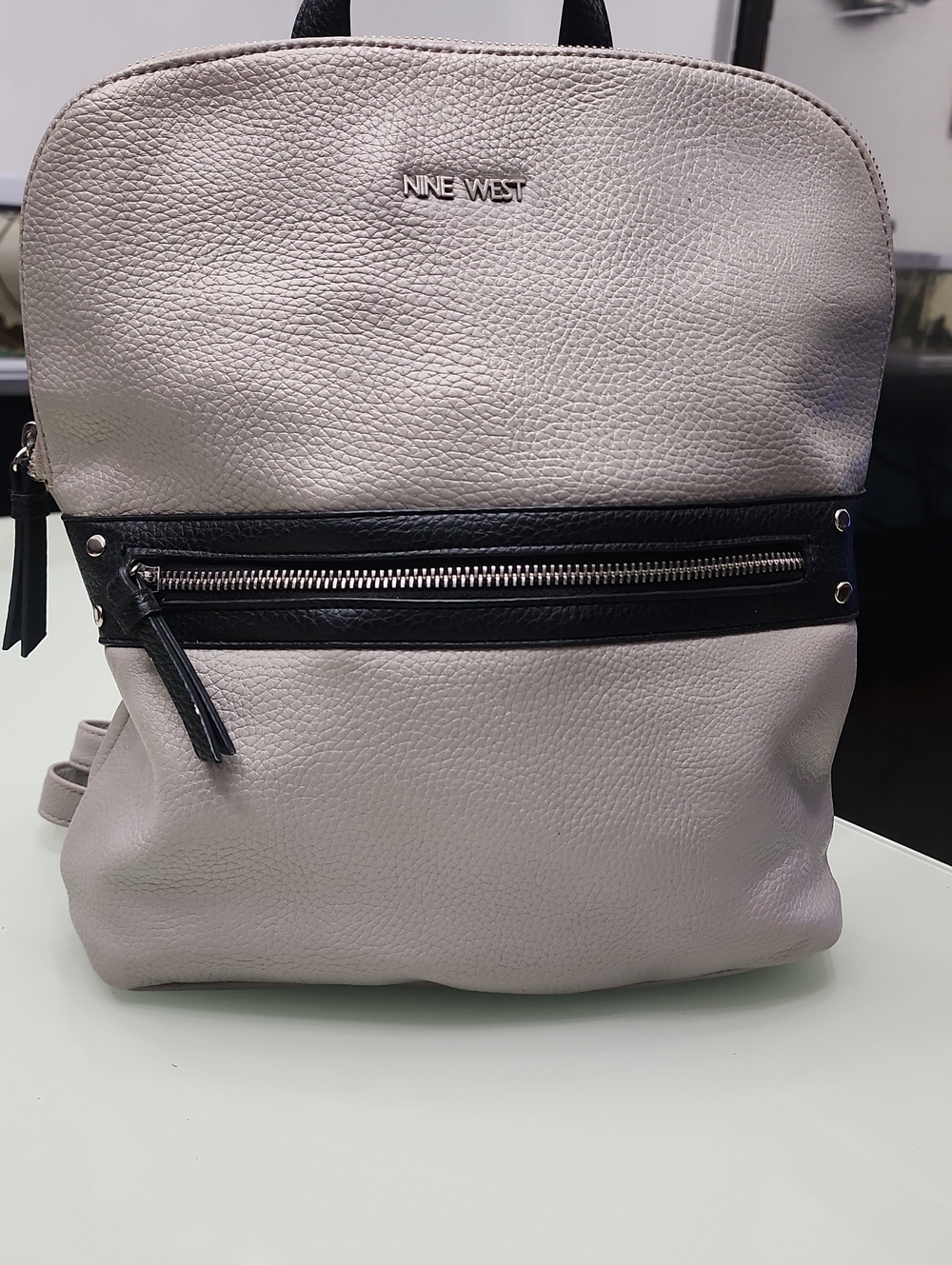 Nine West Pebbled Light Gray Backpack with Black Accents